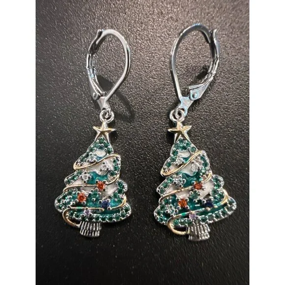 Christmas Tree Earrings With Colorful Rhinestones & Leverback Closure - Picture 5 of 6